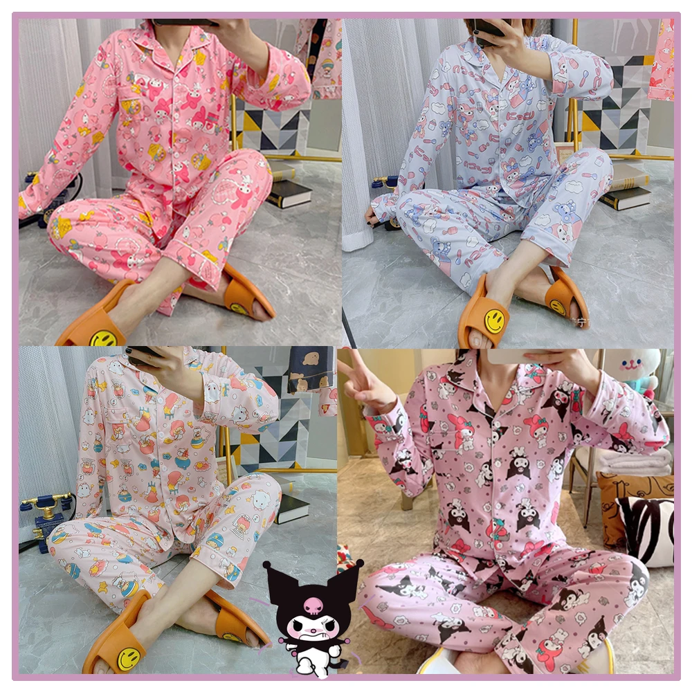 Аниме Kawaii Sanrioed My Melody Cinnamoroll Kuromi Kittly женский домашний костюм с длинным рукавом Кардиган пижамы подарки для девочек