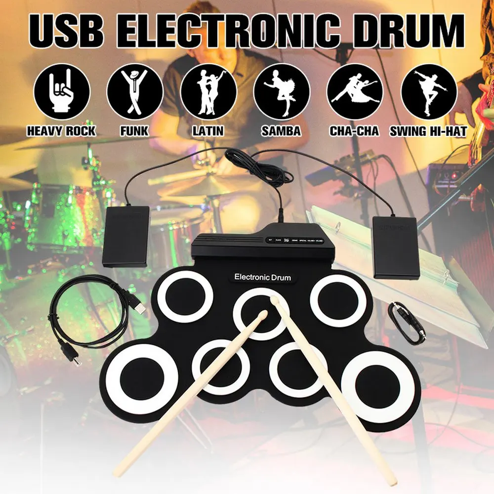 Portable Electronic Drum Digital USB 7 Pads Roll Up Drum Set Silicone Electric Drum Pad Kit with DrumSticks Foot Pedal Kids Gift
Portable Electronic Drum Digital USB 7 Pads Roll Up Drum Set Silicone Electric Drum Pad Kit with DrumSticks Foot Pedal Kids Gift