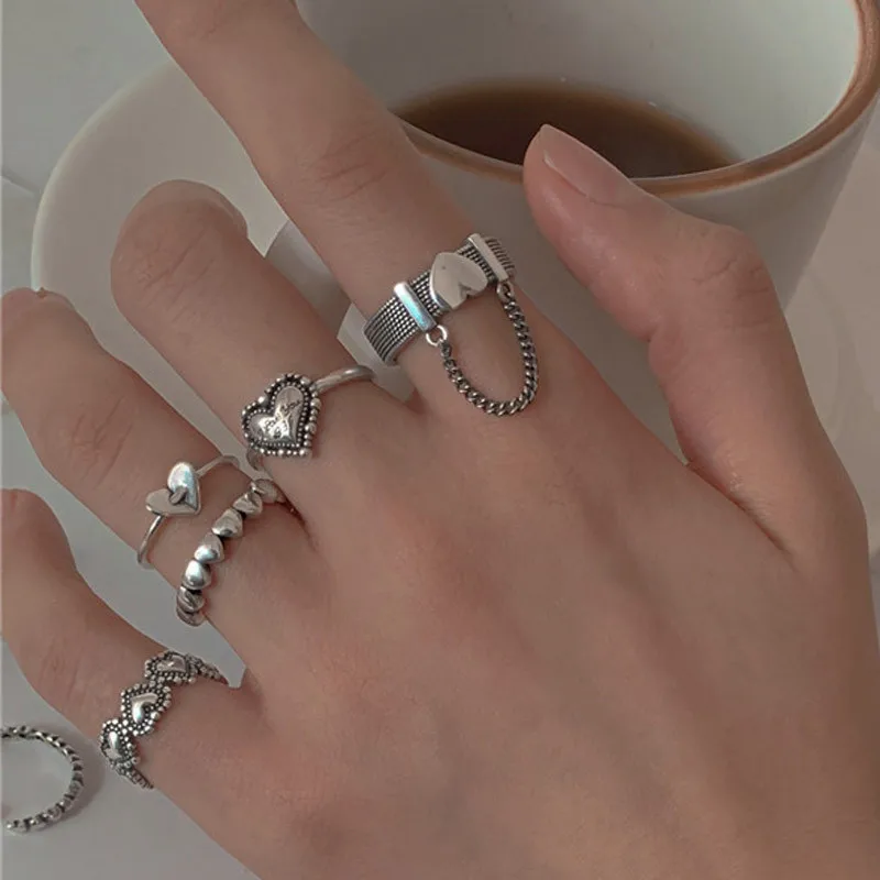 Korea Punk Love Heart Ring Set 5pcs Personality Temperament Zircon Silver Color Geometric Rings for Women Fashion Goth Jewelry
Korea Punk Love Heart Ring Set 5pcs Personality Temperament Zircon Silver Color Geometric Rings for Women Fashion Goth Jewelry