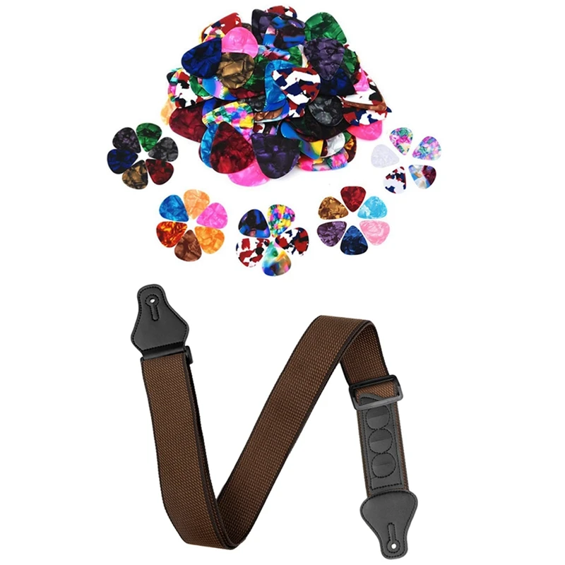 

60 Pcs Colorful Guitar Picks, 0.46Mm, 0.71Mm, 0.96Mm & 1Pcs Guitar Strap With 3 Pick Holders For Bass Electric (Coffee)