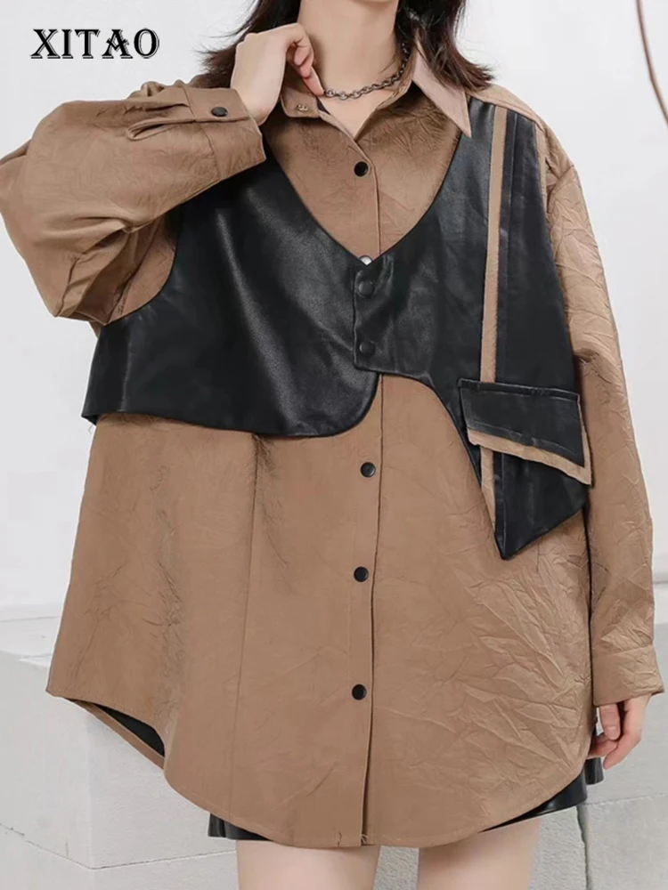 

XITAO False Two Pieces Shirt Top Fashion Personality Irregular Pu Vest Spicing Long Sleeve Top 2023 Autumn New Women ZZ0164