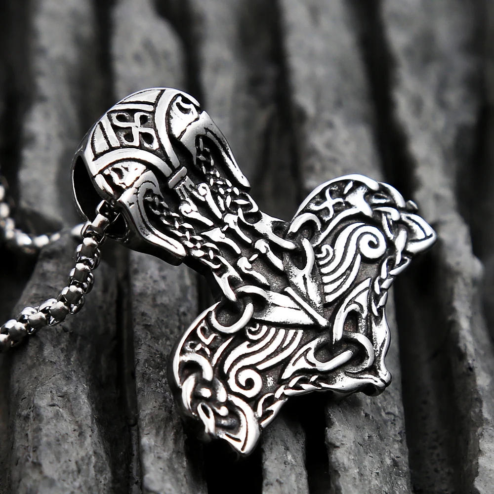 

Nordic Vintage Thor Hammer Necklace Viking Stainless Steel Celtic Knot Pendant Men Biker Punk Amulet Jewelry Gift Dropshipping