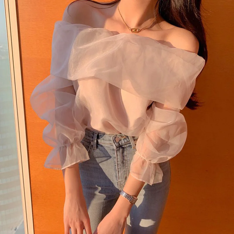 Spring French romantic one-word collar strapless fairy atmosphere feeling slightly transparent mesh long-sleeved shirt top women
Spring French romantic one-word collar strapless fairy atmosphere feeling slightly transparent mesh long-sleeved shirt top women