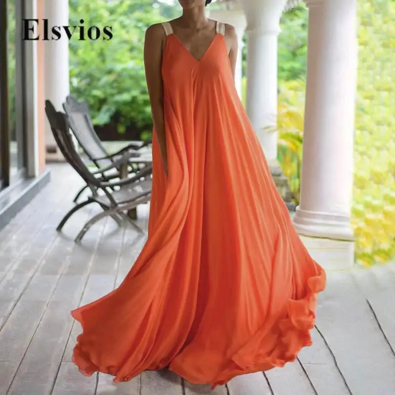 Summer Sexy V Neck Backless Long Party Dress Bohemia Women Casual Loose Pleat Maxi Dress Fashion Chiffon Sleeveless Beach Dress
Summer Sexy V Neck Backless Long Party Dress Bohemia Women Casual Loose Pleat Maxi Dress Fashion Chiffon Sleeveless Beach Dress