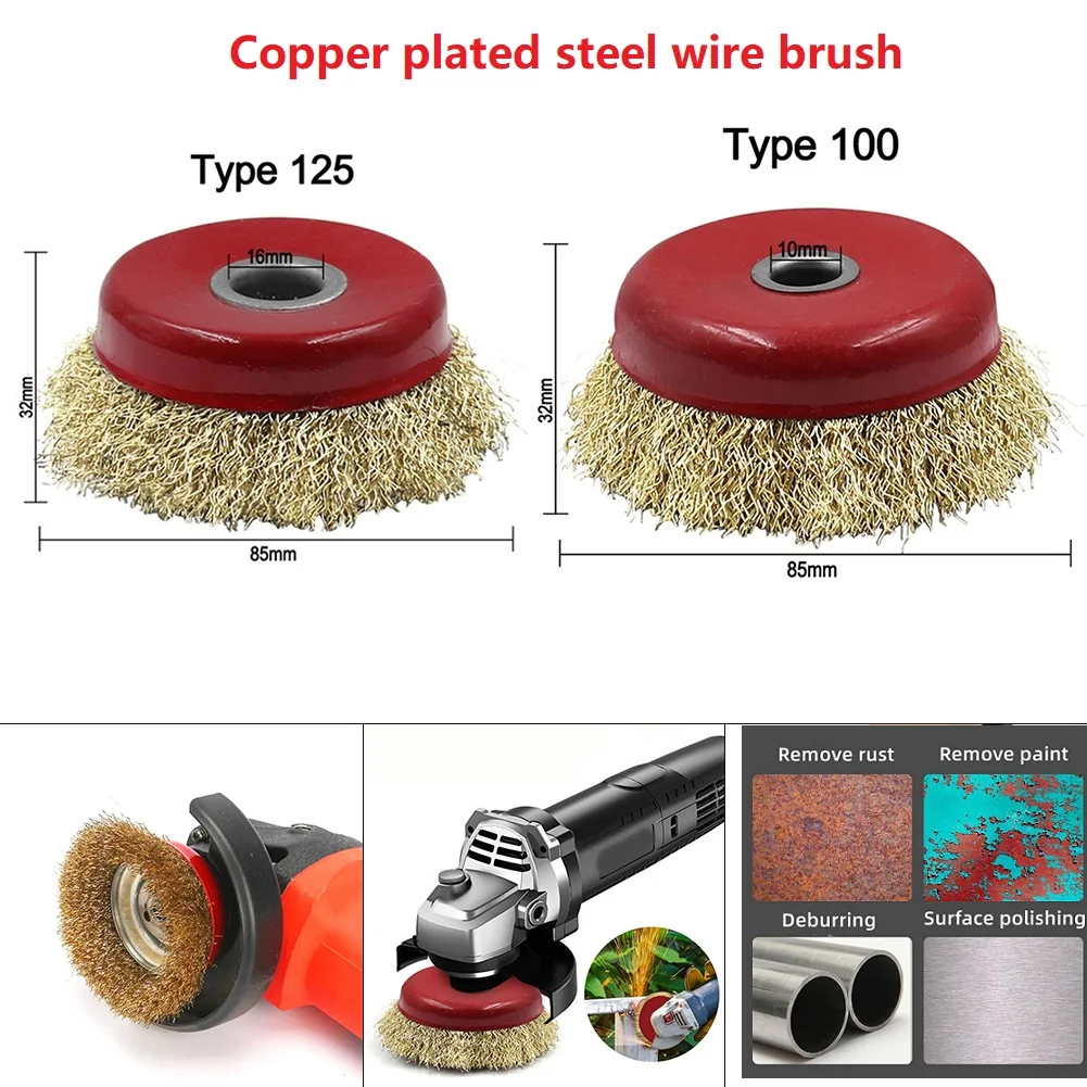 1pc M10/M16 Copper Plated Steel Wire Brush 8500rpm Max Grinding Wheel Derusting Rust Paint Removal Deburring Polishing Tool
1pc M10/M16 Copper Plated Steel Wire Brush 8500rpm Max Grinding Wheel Derusting Rust Paint Removal Deburring Polishing Tool