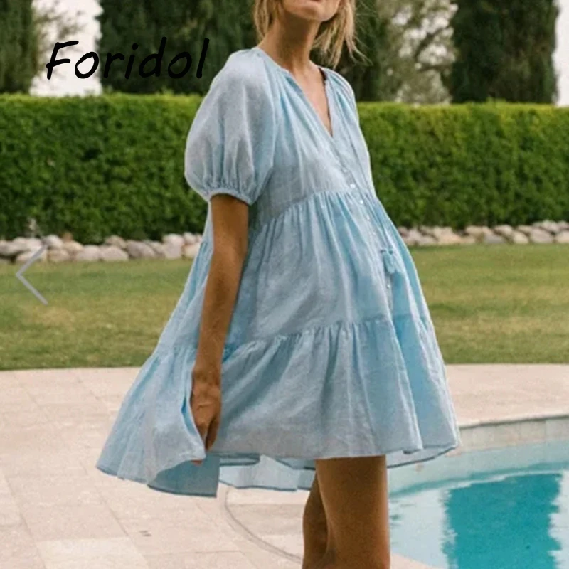 

Свободное летнее платье с коротким рукавом, женское пляжное мини-платье в стиле бохо, синее платье большого размера на пуговицах, хлопковое ...