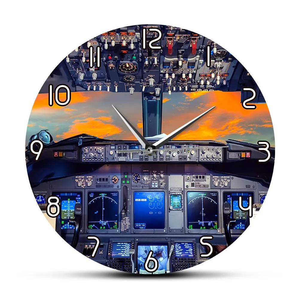 

Airplane Interior Cockpit Night View Silent Non Ticking Wall Clock For Pilots Room Aircraft Art Aviation Wall Watch Aviator Gift