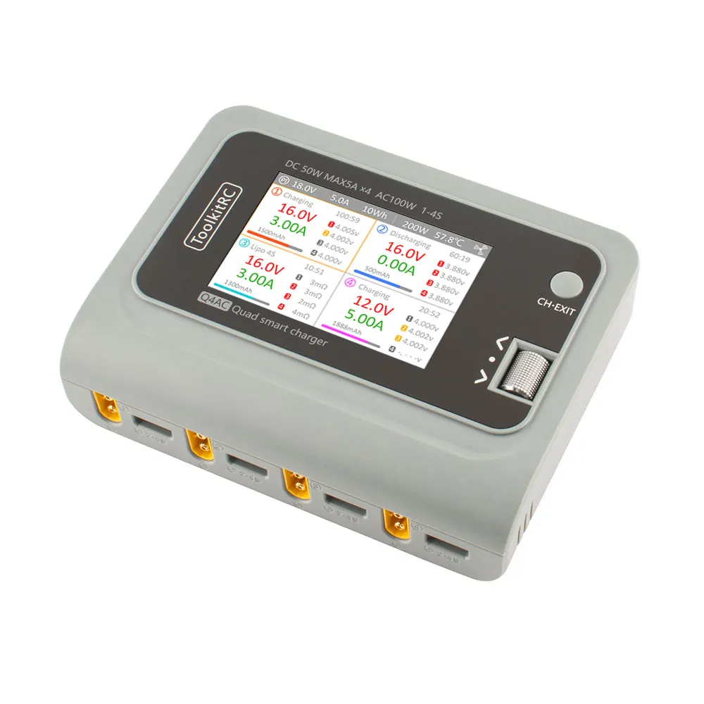 ToolkitRC Q4AC DC 4x50W AC 100W 5A 4 Ports IPS Display XT60 Smart Charger Discharger For 1-4S Lipo Battery
ToolkitRC Q4AC DC 4x50W AC 100W 5A 4 Ports IPS Display XT60 Smart Charger Discharger For 1-4S Lipo Battery