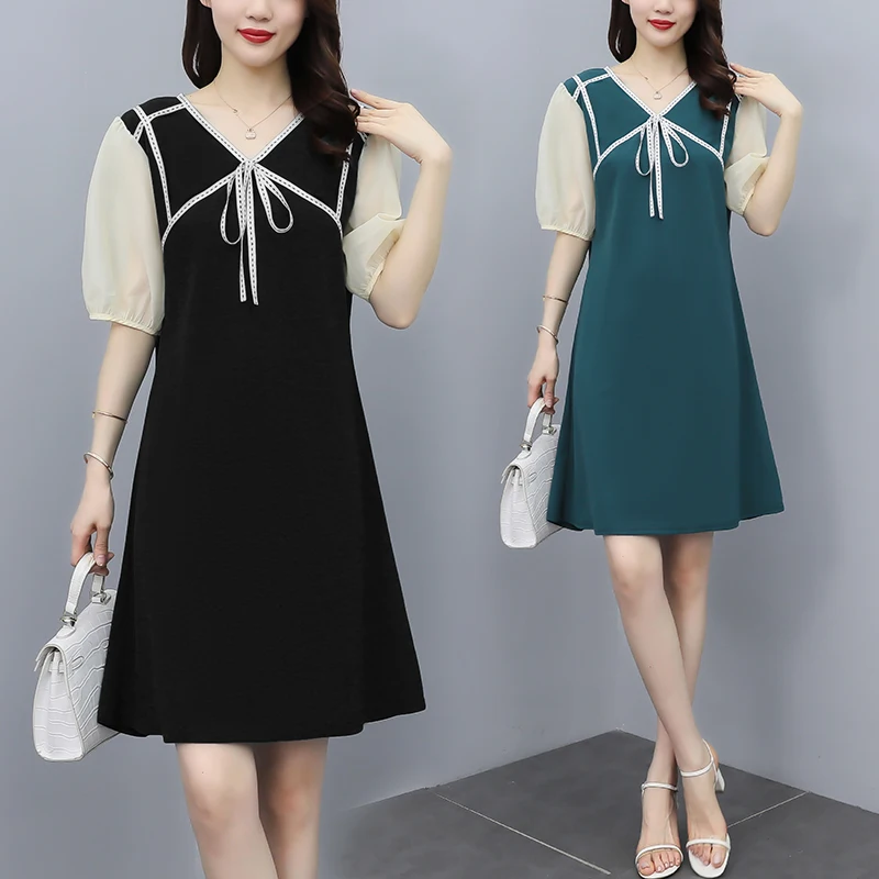 Chiffon Women's Mid Length Dress Casual Fashion Loose In Summer Splicing V-neck Short Sleeve Female Clothing
Chiffon Women's Mid Length Dress Casual Fashion Loose In Summer Splicing V-neck Short Sleeve Female Clothing