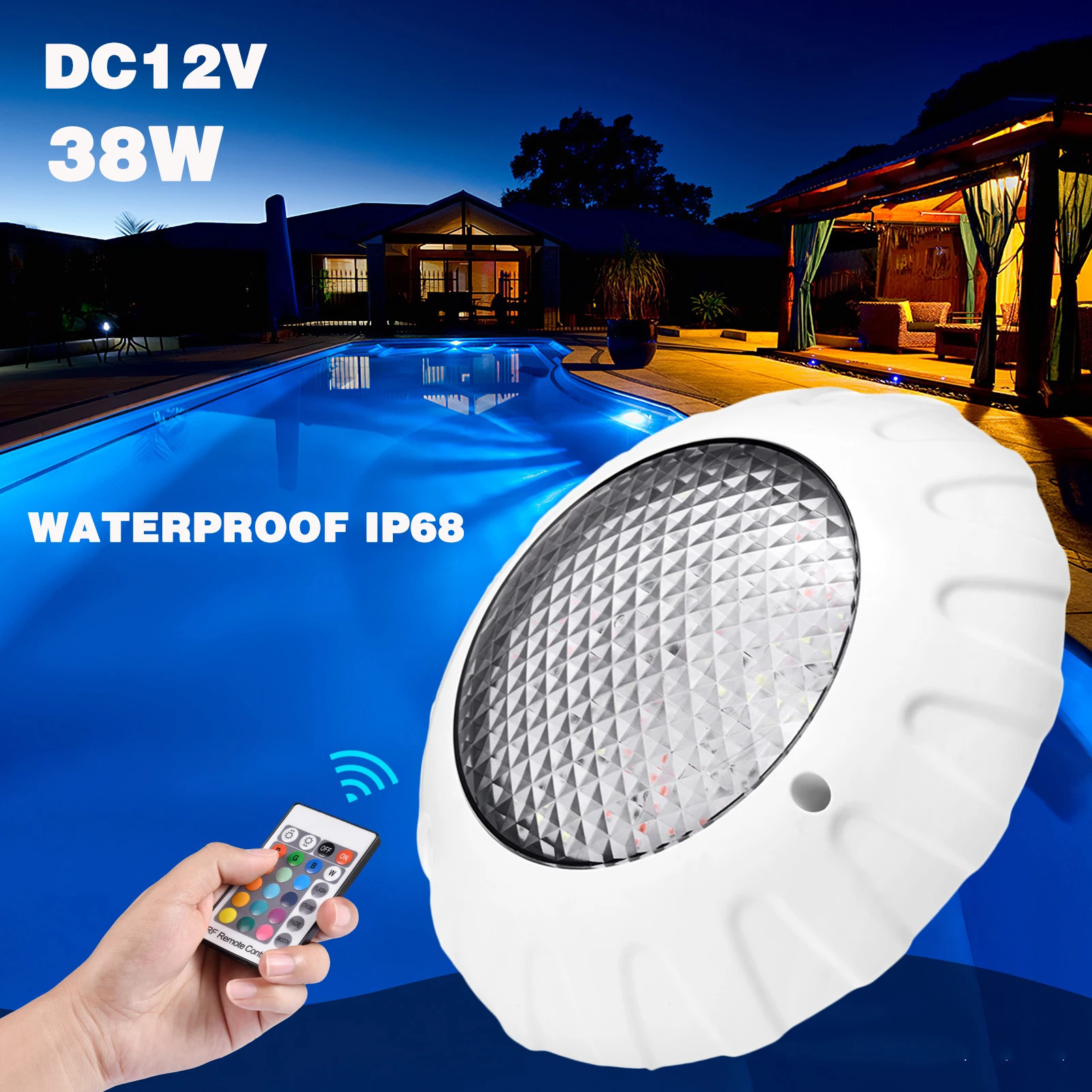 

38W LED Swimming Pool Lights RGB Color Changing DC12V IP68 Waterproof Pond Light with Remote Controller Underwater Light