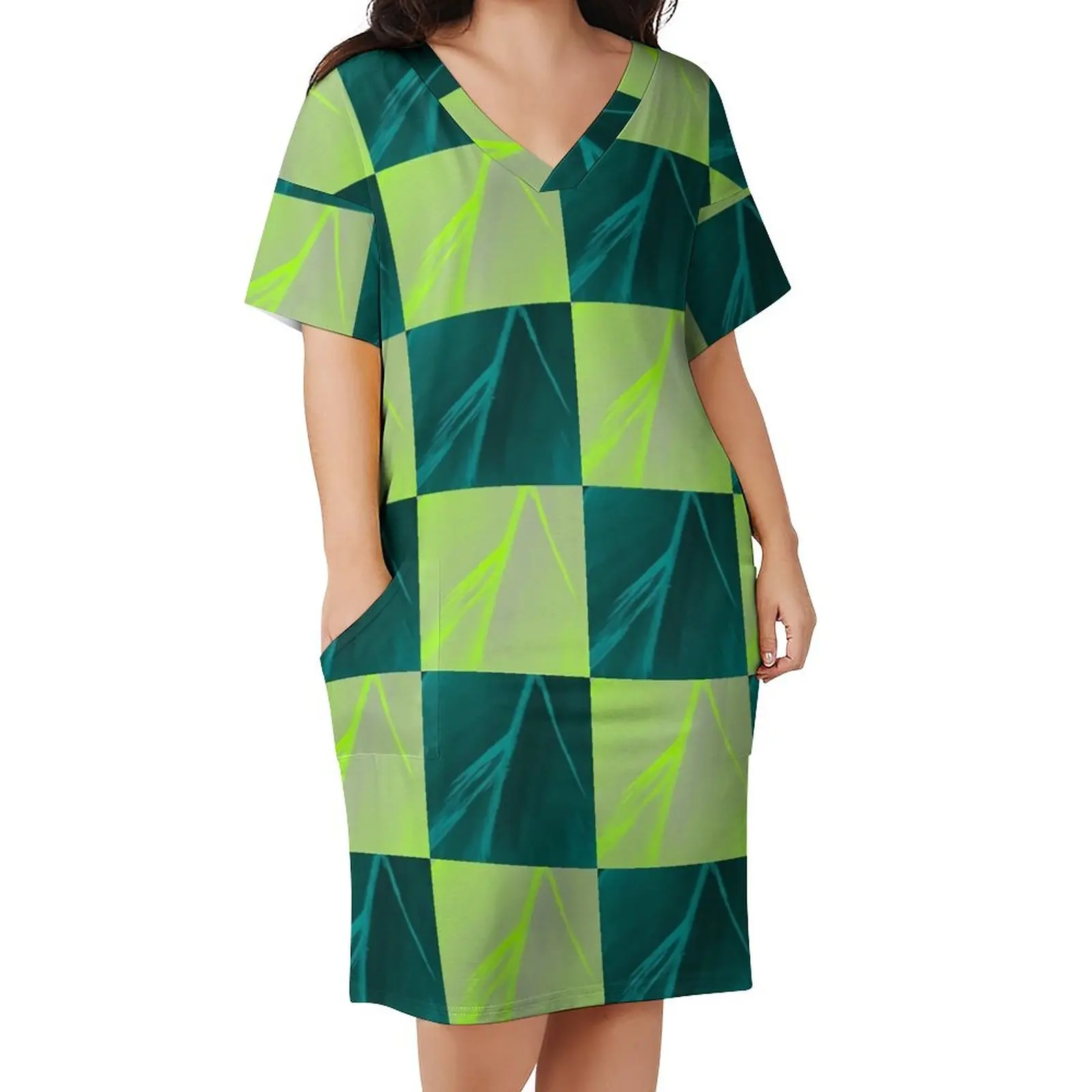 

Colorblock Print Casual Dress Womens Modern Check Stylish Dresses Summer V Neck Aesthetic Printed Dress Big Size