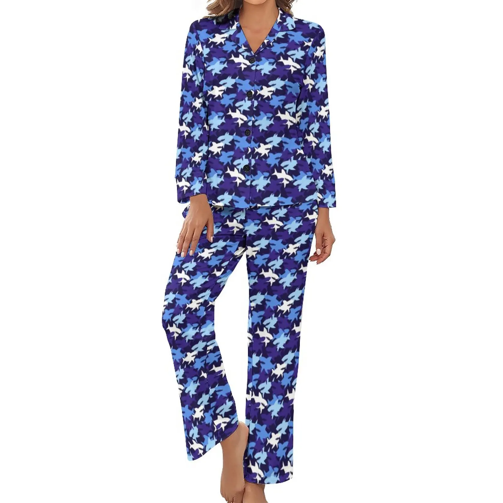 Blue Shark Bite Pajamas Long Sleeves Sharks Camouflage Pattern 2 Pieces Aesthetic Pajama Set Women V Neck Cute Sleepwear
Blue Shark Bite Pajamas Long Sleeves Sharks Camouflage Pattern 2 Pieces Aesthetic Pajama Set Women V Neck Cute Sleepwear