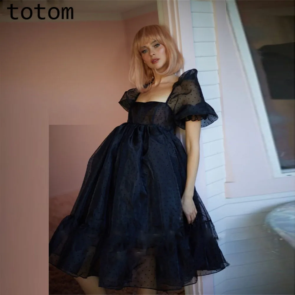 

Black Polka Dot Tulle Prom Dress Short Sleeve Puff Sleeve Square Neck Empire Waist Tea Length Women's Formal Party Dress