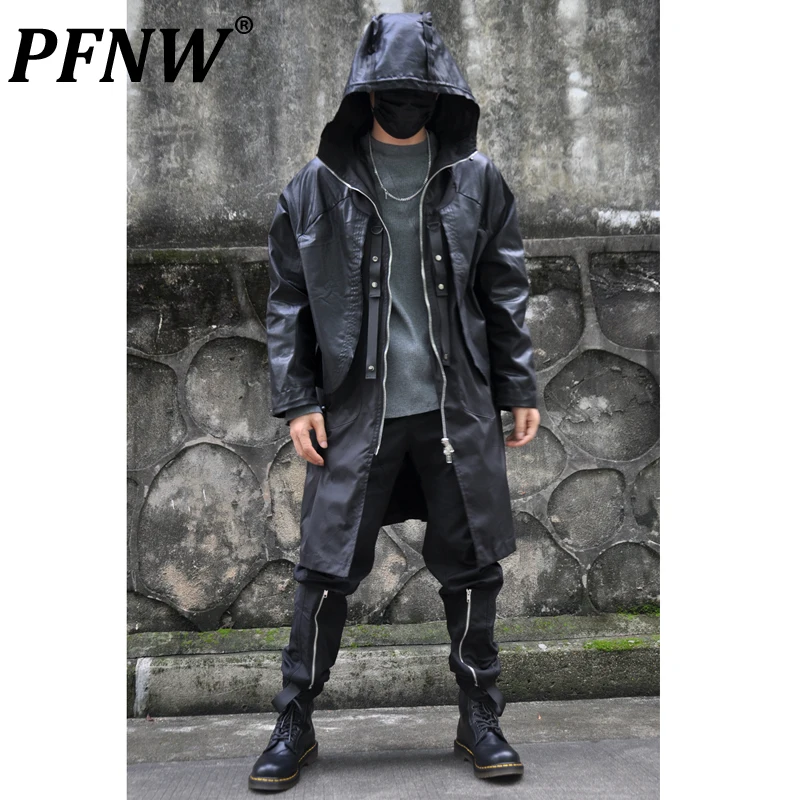 

PFNW Spring Autumn Men's Tide Darkwear Hooded Windbreakers Fashion Patchwork Zippers Coat Casual Loose Streetwear Trench 12A7465
