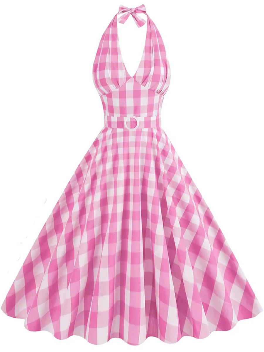 

Женское милое розовое клетчатое платье без рукавов с лямкой на шее и открытой спиной ТРАПЕЦИЕВИДНОЕ Повседневное платье миди для косплея и куклы