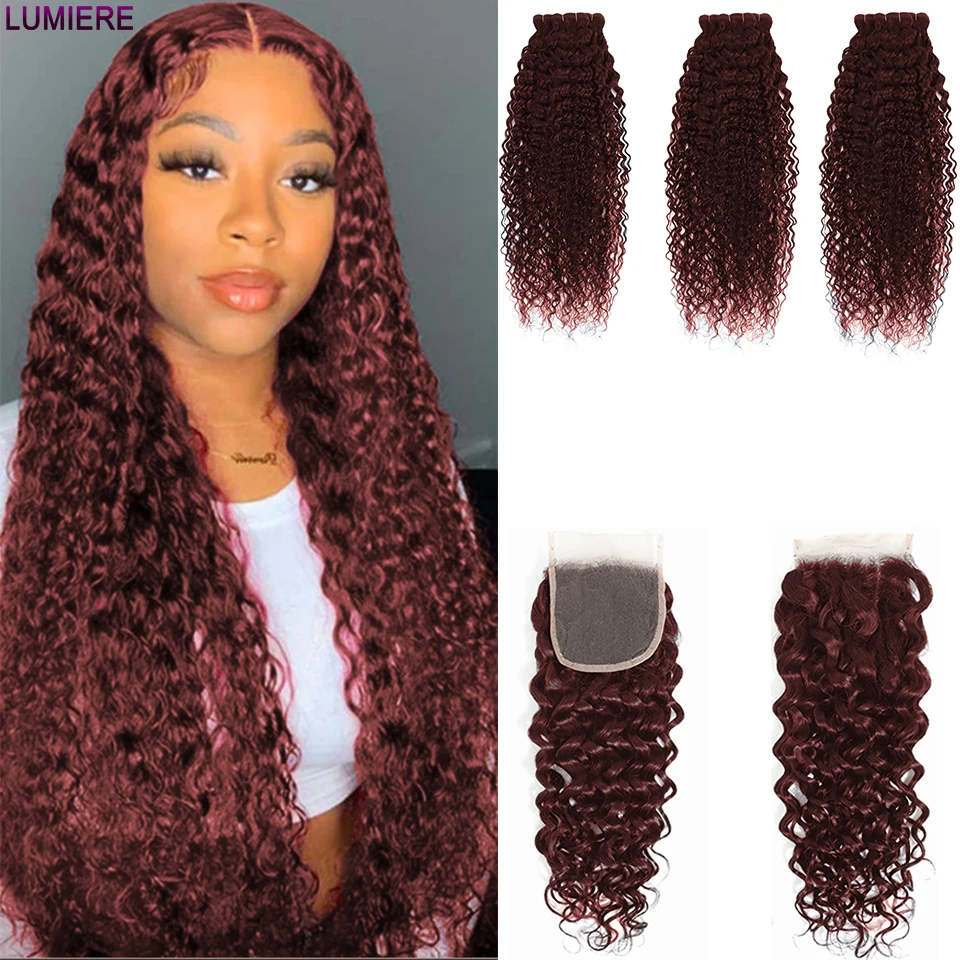

Lumiere 10"-28" 100% Remy 99J Water Wave Machine Double Weft Human Hair Bundle With 4X4 Lace Closure 13X4 Lace Frontal For Women