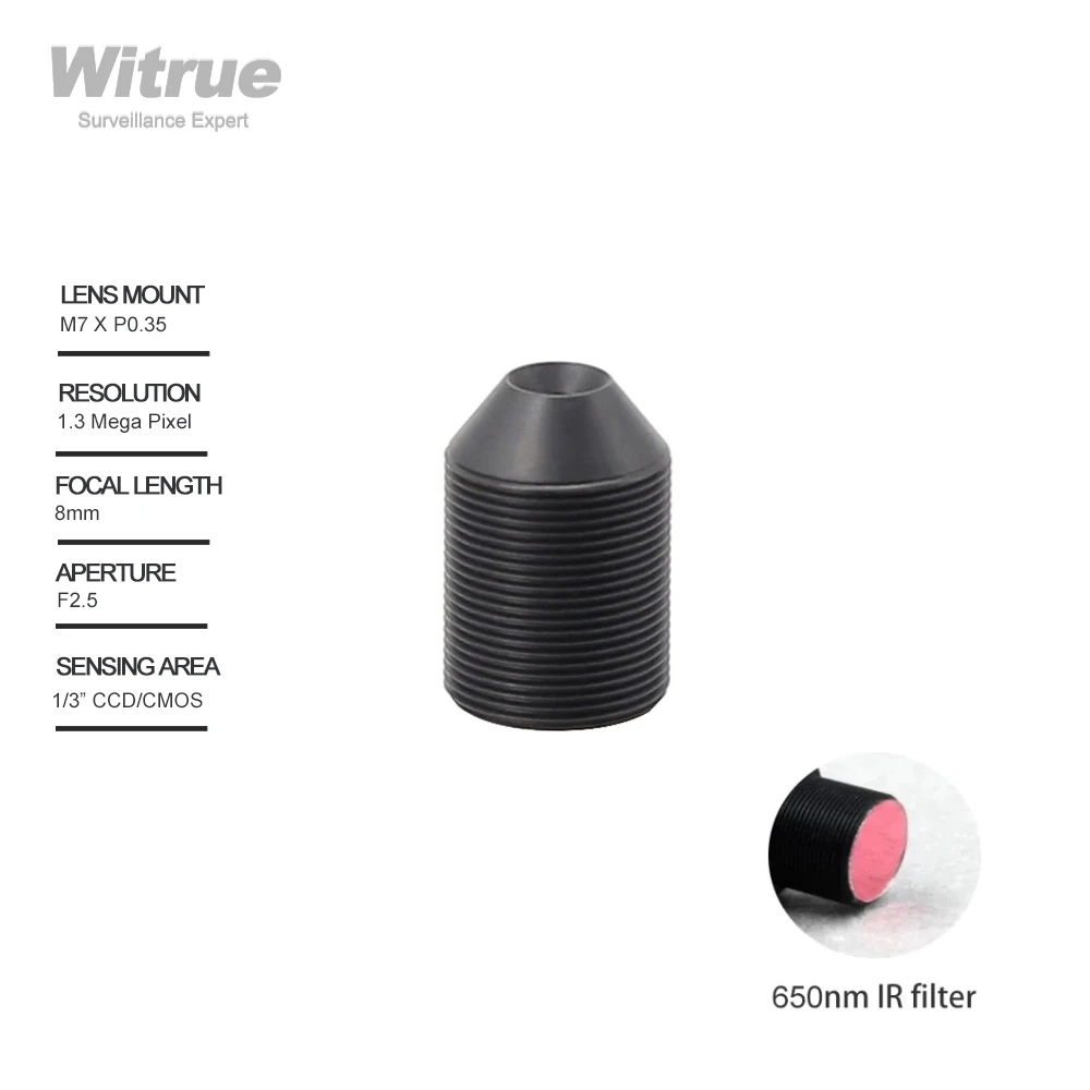 

Witrue Pinhole camera Lens 8mm M7 X P0.35 Mount 1.3 Megapixel 1/3" F2.5 with 650nm IR Filter for Mini CCTV Security Cameras
