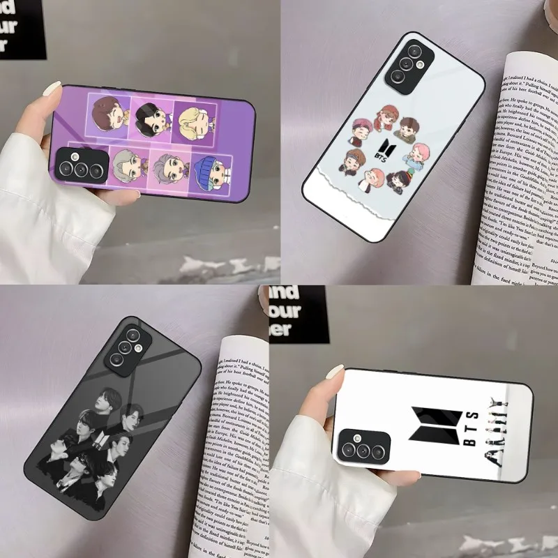 

Cartoon B-BTS-Bangtan-Boys Phone Case For Samsung A52 A22 A21 A20 A31 A71 A51 A12 A40 A10 A14 A54 A34 5G Glass Design Back Cover