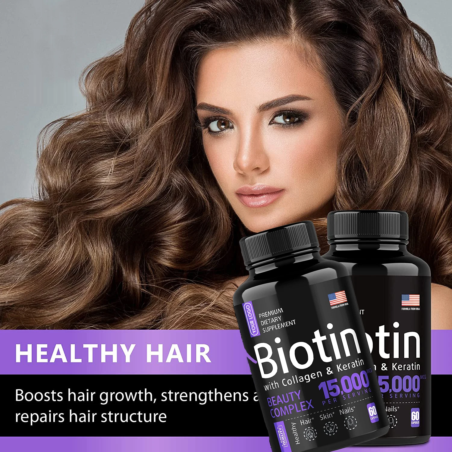 

2 бутылки, биотин в капсулах способствует росту волос, укрепляет ногти, уменьшает разрыв, питает волосы, защищает кожу ногтей