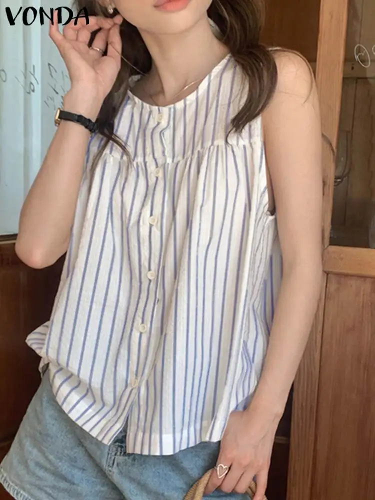 Elegant OL Style Blouse Women Striped Shirts 2023 VONDA Fashion Sleeveless Printed Beach Tops Sexy O Neck Tops Oversized Blusas
Elegant OL Style Blouse Women Striped Shirts 2023 VONDA Fashion Sleeveless Printed Beach Tops Sexy O Neck Tops Oversized Blusas
