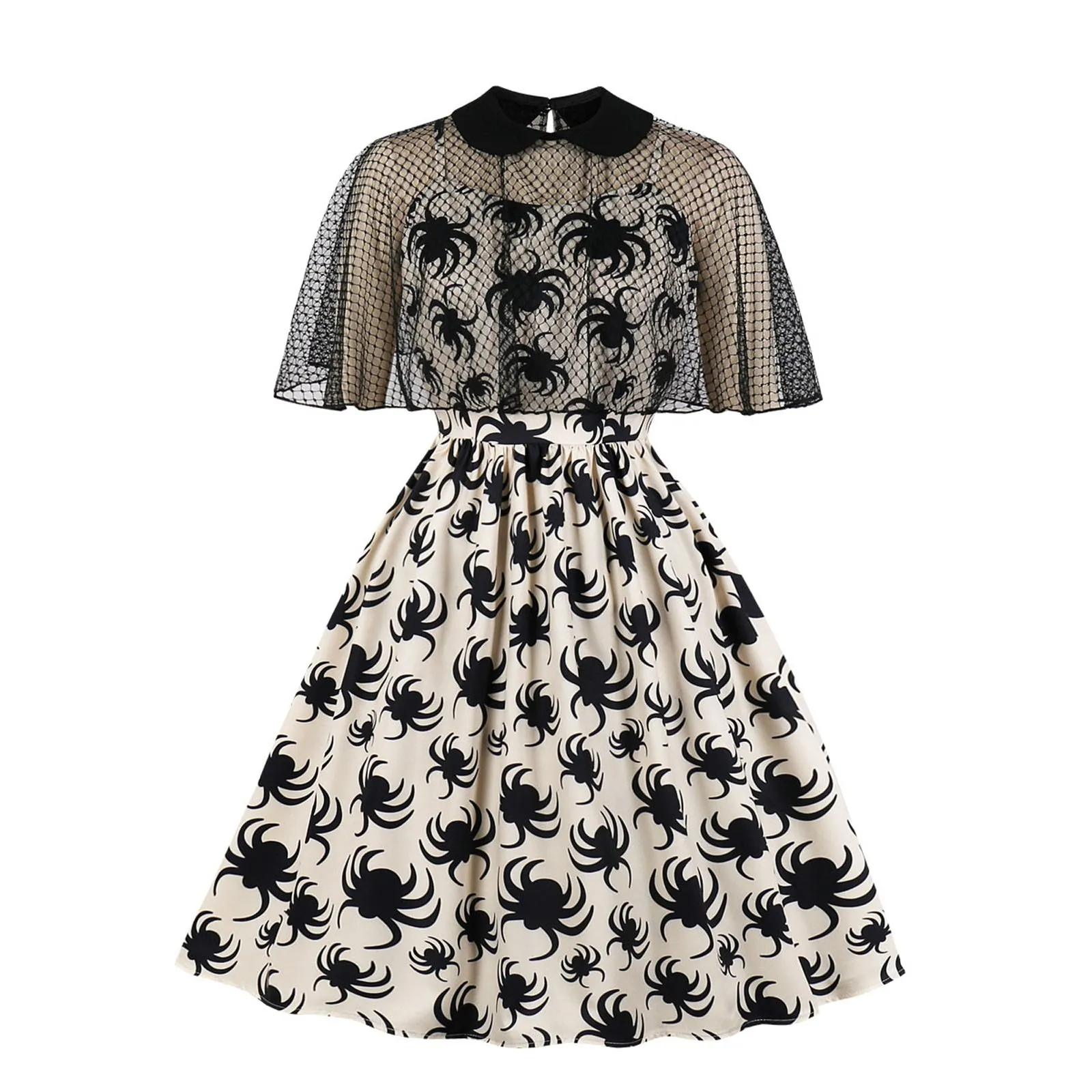 Women's Halloween Mini Dress Lace Mesh Patchwork Women Hallowmas Spider Print Trim Swagger Skirt Round Collar Retro Dress 2023
Women's Halloween Mini Dress Lace Mesh Patchwork Women Hallowmas Spider Print Trim Swagger Skirt Round Collar Retro Dress 2023