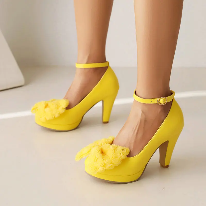 

Plus Size 34-48 Bright Yellow Blue Round Toe Lady Mary Janes Shoes Spike High Heels Stiletto Women Pumps With Lace Flower Bowtie
