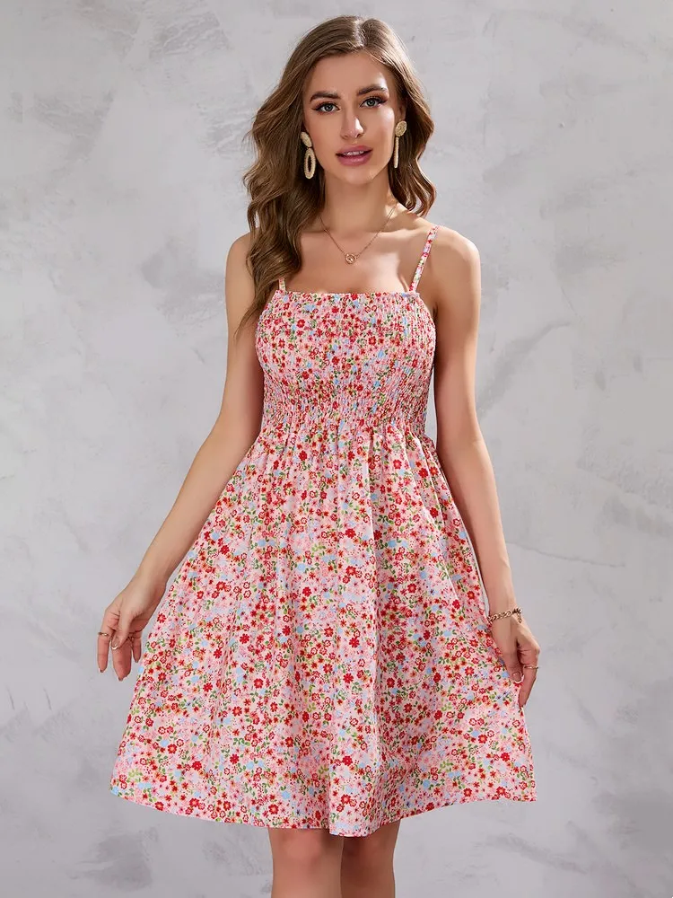 

Floral Print Shirred Bodice Flared Hem Cami Dress Sweet Summer Backless Women Sleeveless Strapless A-line Dress Robe Femme