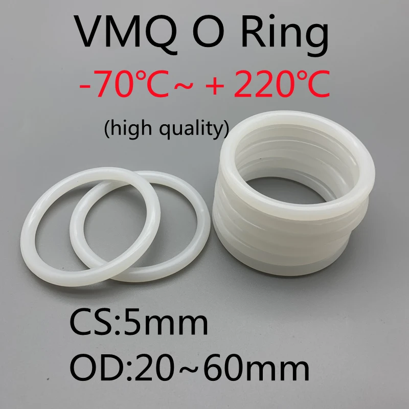 

20Pcs VMQ O Ring Sealing Gaskets Thickness 5mm OD 20~60mm Silicone Rubber Insulated Waterproof Washers Round Shape White Nontoxi