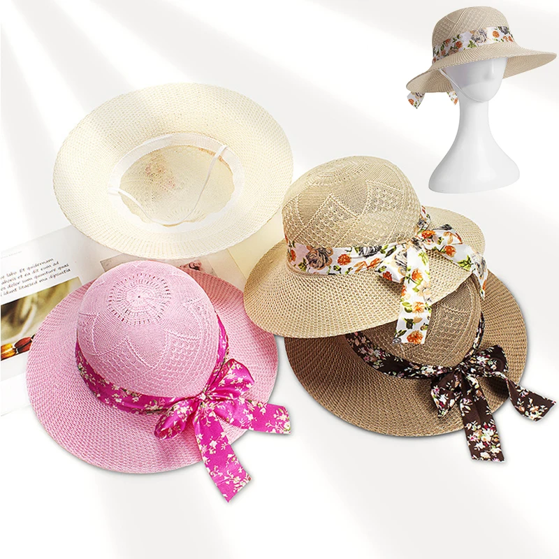

2023 Simple Girl Raffia Sun Hat Wide Brim Floppy Summer Hats For Women Beach Panama Straw Dome Bucket Hat Femme Shade Hat