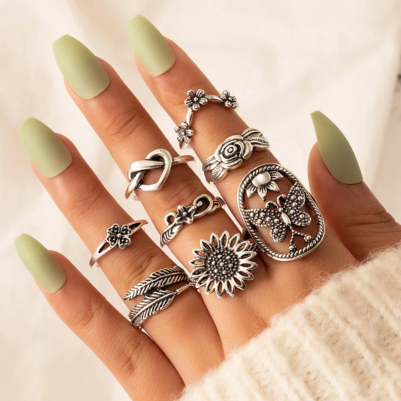 Boho Vintage Alloy Flower Feather Ring Set Crystal Heart Butterfly Hollow 8pcs Rings Set Women Fashion Jewelry Gift Wholesale
Boho Vintage Alloy Flower Feather Ring Set Crystal Heart Butterfly Hollow 8pcs Rings Set Women Fashion Jewelry Gift Wholesale