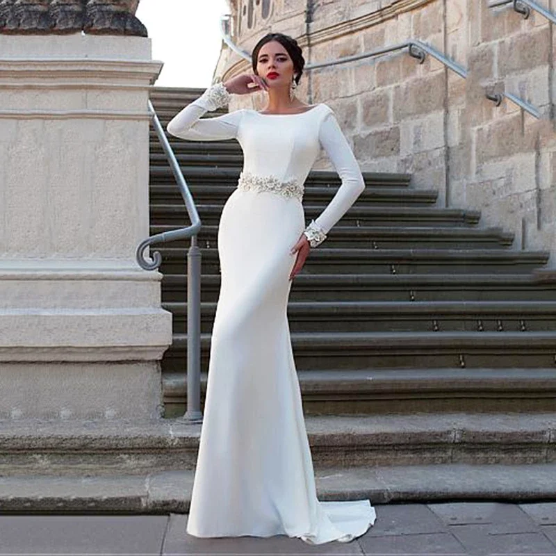 Simple Satin Mermaid Wedding Dress Long Sleeves Civil Bridal Gown Robes With Flower For Women Belt Scoop Neck Custom Made
Simple Satin Mermaid Wedding Dress Long Sleeves Civil Bridal Gown Robes With Flower For Women Belt Scoop Neck Custom Made