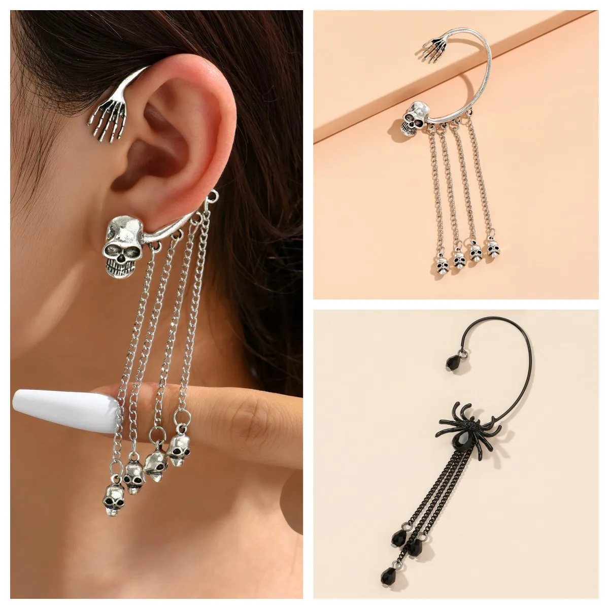 

1pc Gothic Spider Skull Earrings For Women Funny Animal Tassel Ear Cuff Clip On Earrings Halloween Jewelry Gift Piercing