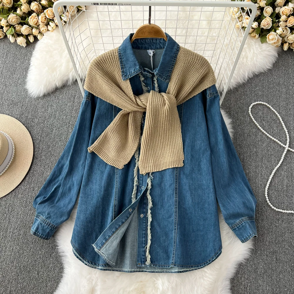 Autumn/Winter Korean Design Sense Loose Long Sleeve POLO Collar Denim Shirt Two-piece Knit Cape Coat
Autumn/Winter Korean Design Sense Loose Long Sleeve POLO Collar Denim Shirt Two-piece Knit Cape Coat