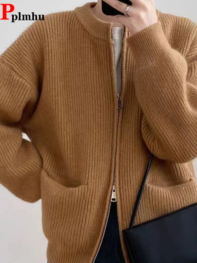 

Повседневная Мягкая трикотажная одежда, пальто, весенние и осенние однотонные куртки из мелки, Женские базовые Топы, верхняя одежда, корейский мешковатый свитер на молнии, кардиган