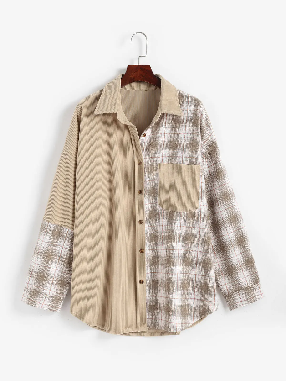 

ZAFUL Drop Shoulder Plaid Corduroy Shacket Women Button Up Oversized Shirt Jacket Spring Autumn Fashion Overshirt