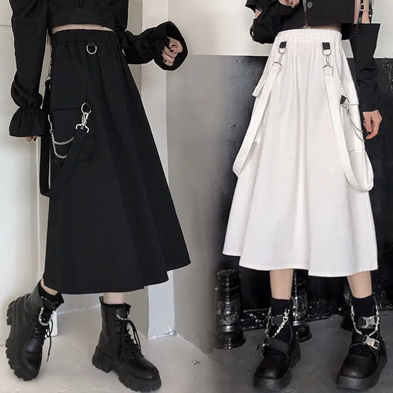 

90s Solid Gothic Long Techwear Skirt Women Grunge Punk High Waist Chain Pocket Strap Black Cargo Skirts Goth Harajuku Streetwear
