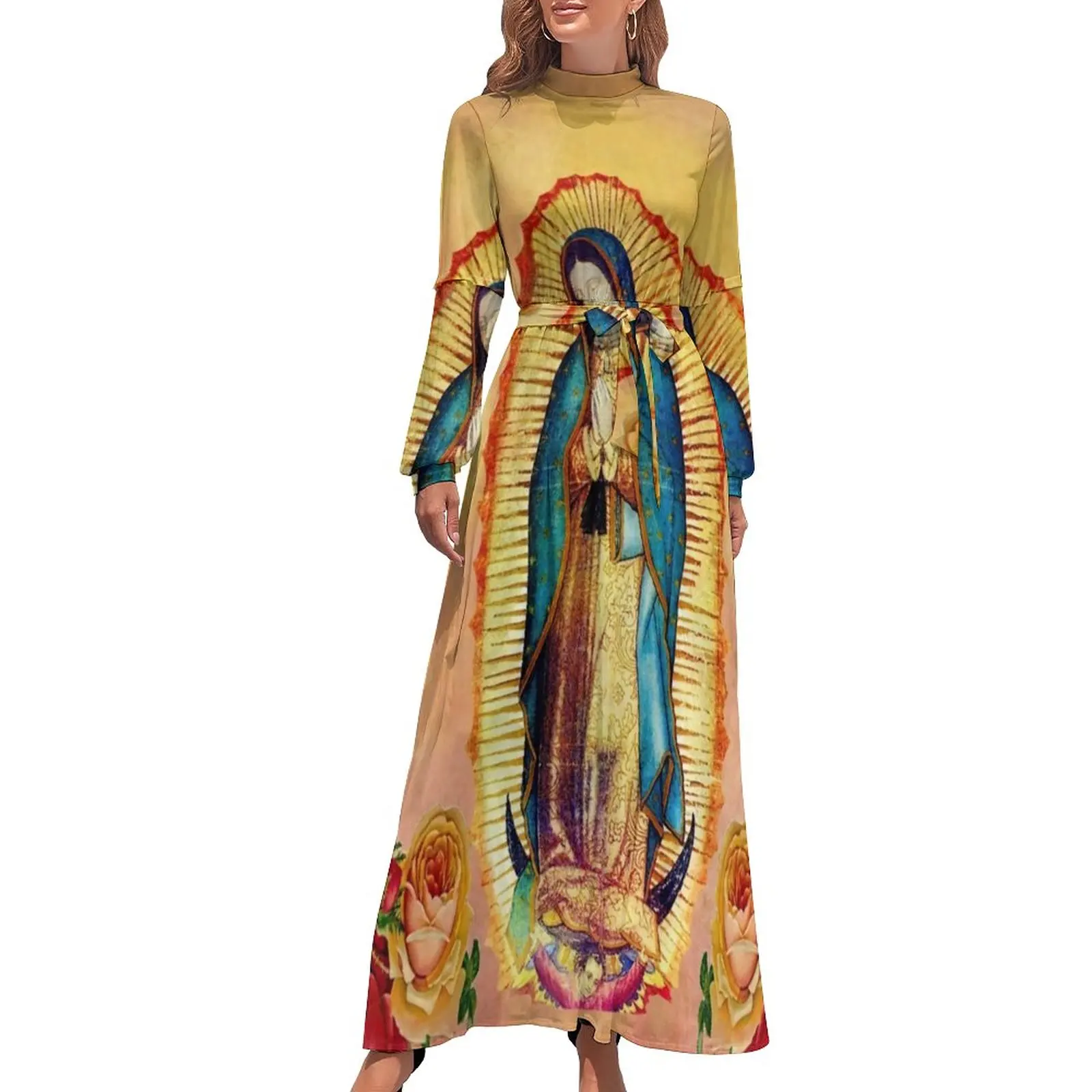 

Платье Дева Мария с длинным рукавом, богородица гуадалуп, макси-платье с высоким воротником, уличная одежда, дизайнерские длинные пляжные п...