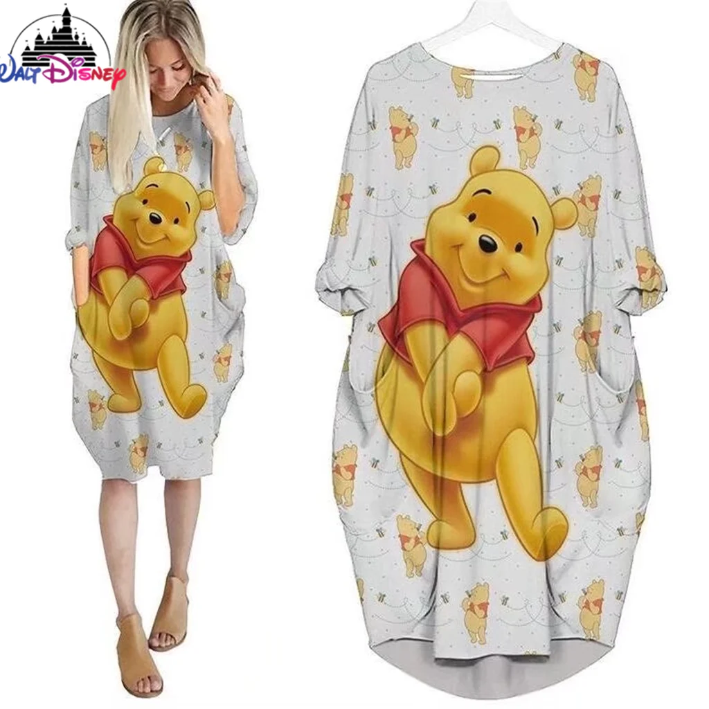 

Winnie the Pooh and Tigger Eeyore 3D High Quality Printing Girl Trend Wild Loose Long Sleeve Over The Knee Dress Womens