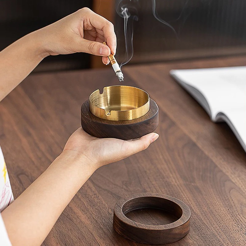 

Walnut Wood Creative Ashtrays With Lid Windproof Desktop Ashtray Stainless Steel Ash Tray for Smoking Office Home Decoration