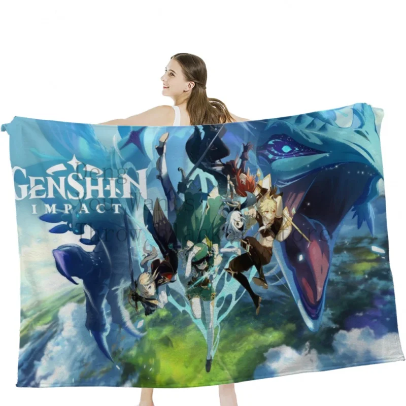 

Genshin Impact Characters Chibi Assemble Throw Blankets Soft Velvet Blanket Camping ,Travel Bedding Blanket