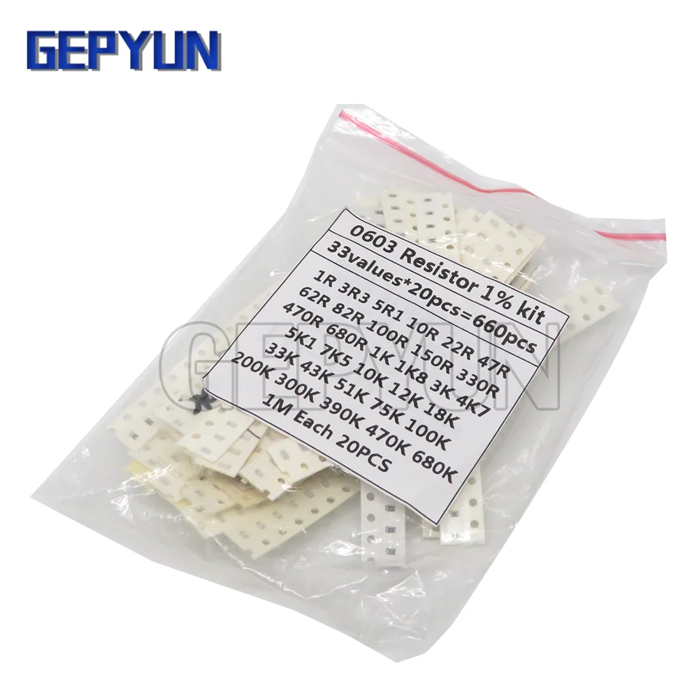 660pcs 0603 SMD Resistor Kit Assorted Kit 1ohm-1M ohm 1% 33valuesX 20PCS=660PCS Sample Kit
660pcs 0603 SMD Resistor Kit Assorted Kit 1ohm-1M ohm 1% 33valuesX 20PCS=660PCS Sample Kit
