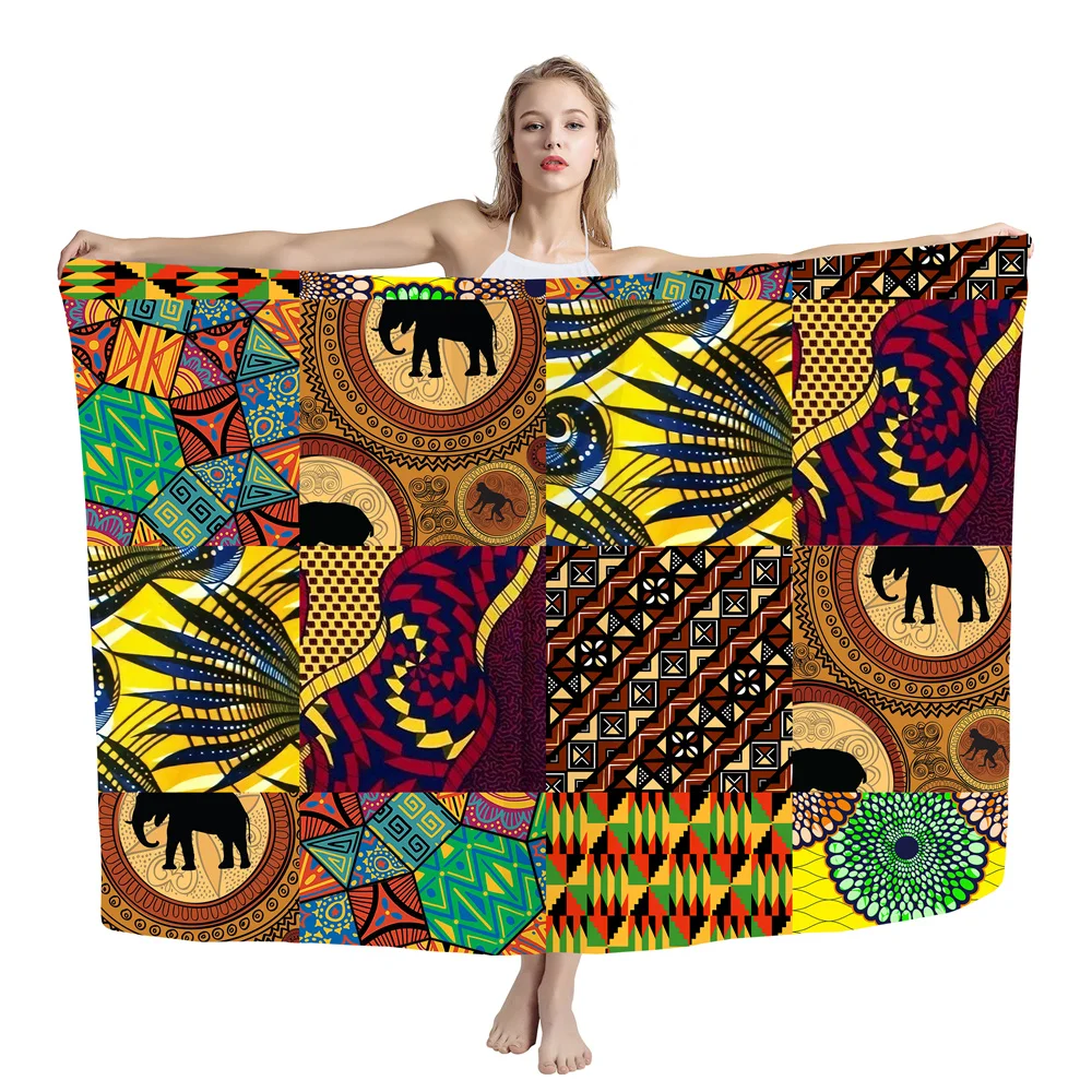 

Women's Cover Ups Swimwear African Tribal Clothing Elephant Kaleidoscope Colorful Pattern Fabric Print Custom Sarong Beach Pareo