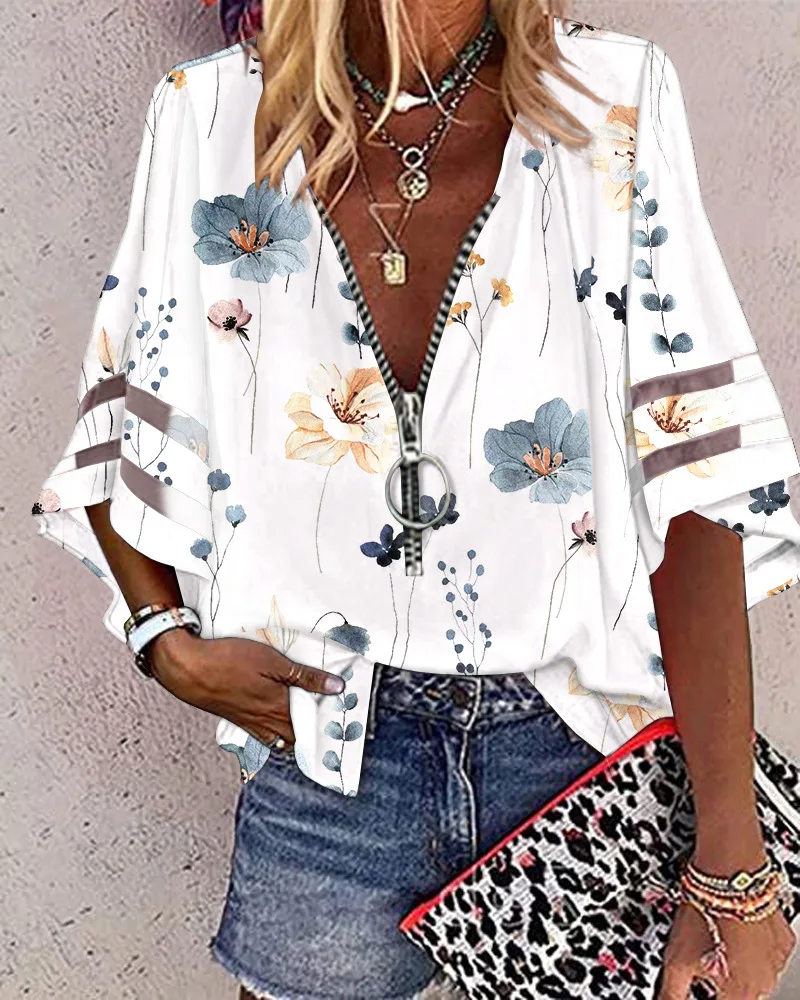 Floral Print Bell Sleeve Zip Front Top Women New Spring Summer Zipper V Neck Blouse Tops Casual Fashion
Floral Print Bell Sleeve Zip Front Top Women New Spring Summer Zipper V Neck Blouse Tops Casual Fashion