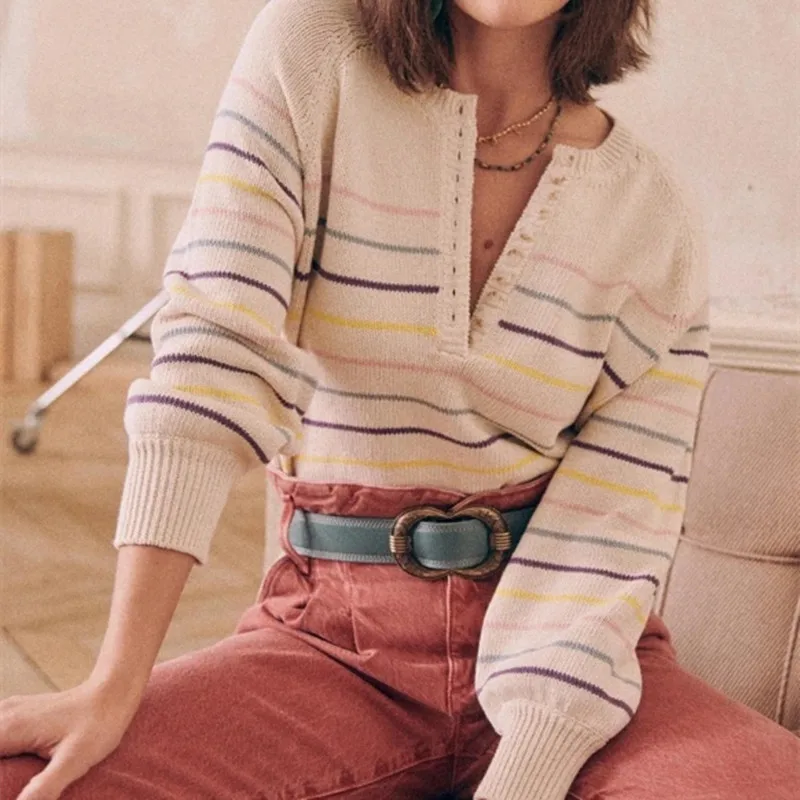 

Женский свитер с цветными полосками, пуговицами спереди и длинным рукавом, джемпер с круглым вырезом, женские вязаные пуловеры на раннюю весну 2022