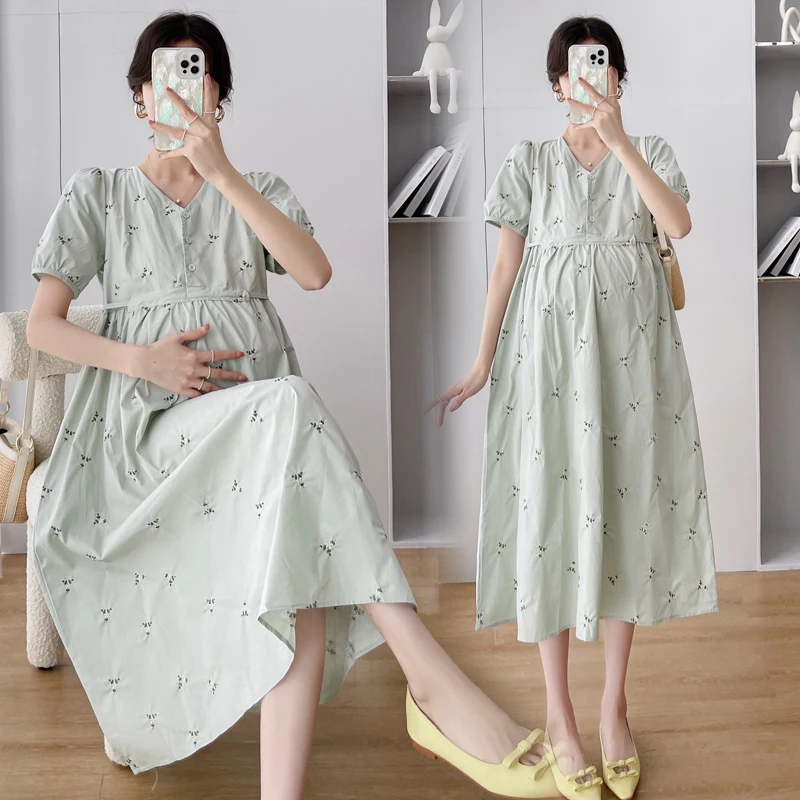 301# Summer Fashion Printed Cotton Maternity Long Dress Drawstring Slim Waist A Line Clothes for Pregnant Women Formal Pregnancy 
301# Summer Fashion Printed Cotton Maternity Long Dress Drawstring Slim Waist A Line Clothes for Pregnant Women Formal Pregnancy
