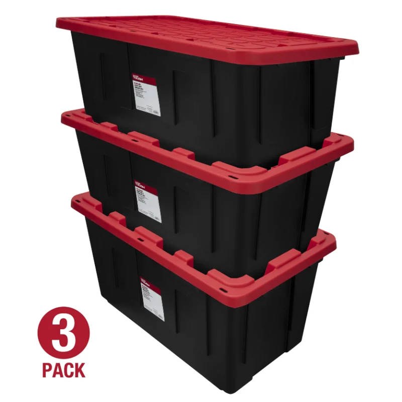 Hyper Tough 40 Gallon Snap Lid Plastic Storage Bin Container, Black with Red Lid, Set of 3 
Hyper Tough 40 Gallon Snap Lid Plastic Storage Bin Container, Black with Red Lid, Set of 3