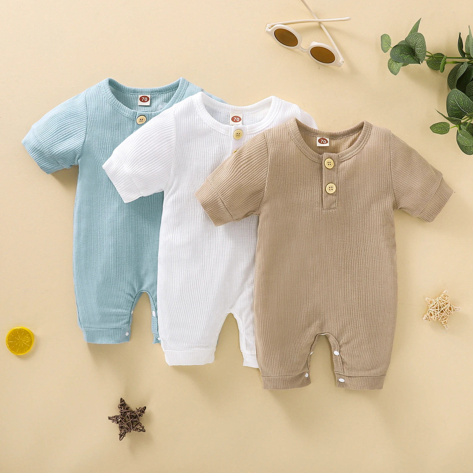 

0-24 Months Baby Summer Clothes Solid Color Round Neck Long Sleeve Snap Crotch Romper Infant Boy Girl Jumpsuit Casual Clothes