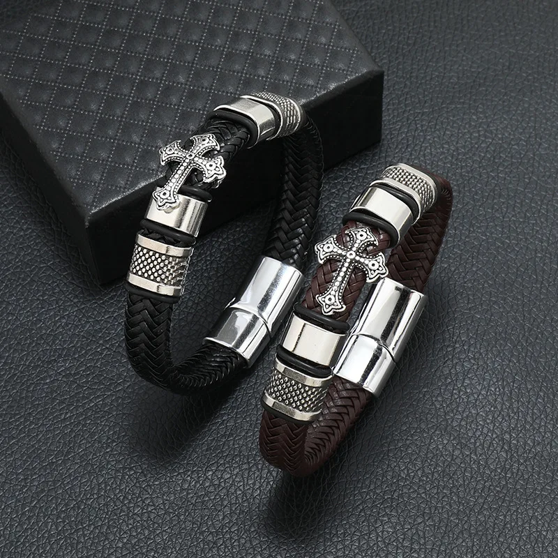 Punk sensitive bracelet stainless steel leather cross leather bracelet men's black woven custom bracelet magnet buckle brown gif
Punk sensitive bracelet stainless steel leather cross leather bracelet men's black woven custom bracelet magnet buckle brown gif