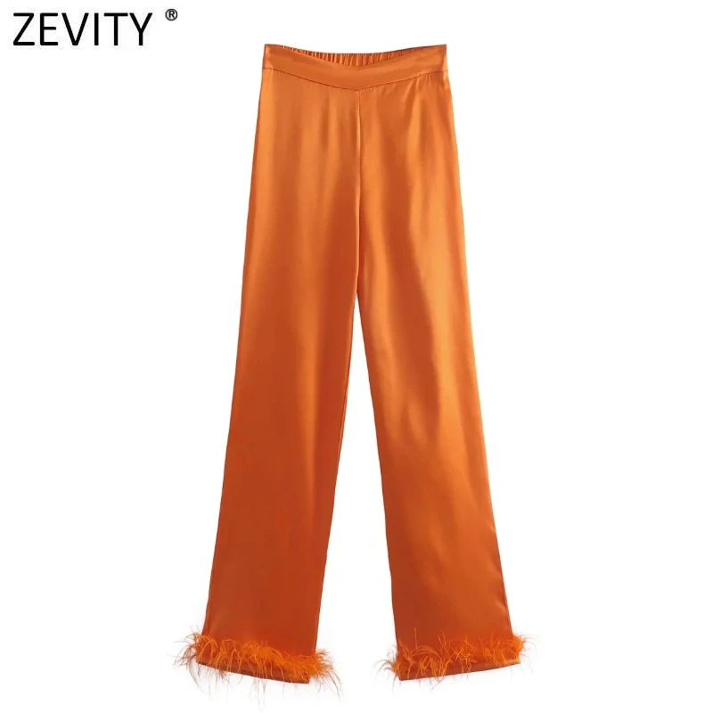 Zevity Women Fashion Orange Color Hem Feathers Soft Satin Pants Female Chic Side Zipper Long Trousers Pantalones Mujer P1278
Zevity Women Fashion Orange Color Hem Feathers Soft Satin Pants Female Chic Side Zipper Long Trousers Pantalones Mujer P1278