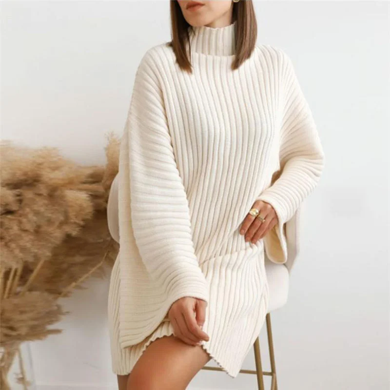 

Women Flared Sleeves Solid Dress Knitted Ladies Dress Mini Dress Outfits Turtleneck Loose Ribbed Girl Female Vestidos Clothing